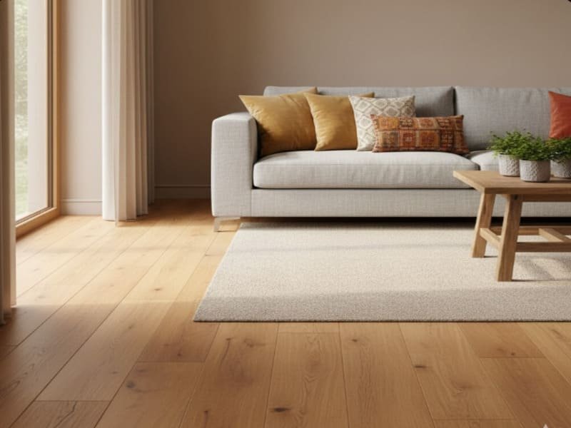 Esstisch aus Holz auf Holzboden, getrennt durch einen Teppich